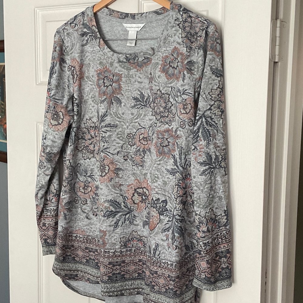 Christopher & Banks Floral Long Sleeve Top - Gray and Pink